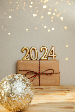 Background for greetings with empty space. Happy new year card. Figures 2024 on a light wooden...