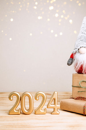 Background for greetings with empty space. Happy new year card. Figures 2024 on a light wooden background with Christmas gnome. Front viewの写真素材