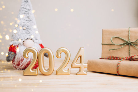 Background for greetings with empty space. Happy new year card. Figures 2024 on a light wooden background with Christmas gnome. Front viewの写真素材