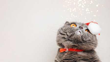 Gray shorthair cat in a Christmas cap on a light background. Christmas background with domestic animal. Front view. Web bannerの写真素材