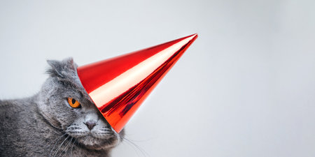 A gray short-haired cat in a festive red cap on a light background celebrates a birthday, close up. Front view. Web bannerの写真素材