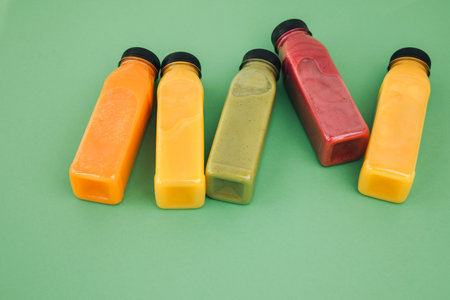 Fruit and vegetable smoothies in transparent plastic bottles. Red, green, orange smoothies on a green background. The concept of healthy eating. Top viewの写真素材