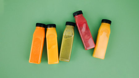Fruit and vegetable smoothies in transparent plastic bottles. Red, green, orange smoothies on a green background. The concept of healthy eating. Web banner. Top viewの写真素材