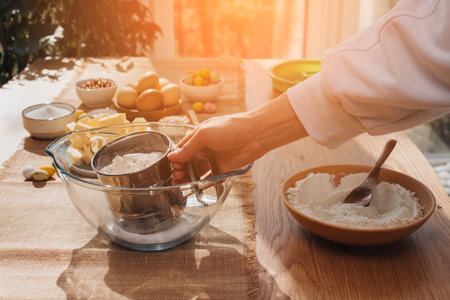 The process of preparing and decorating an Easter cupcake in the kitchen. Sifting flour with female hand, front viewの写真素材