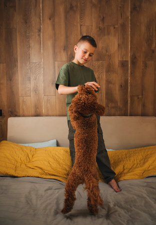 A boy in a green T-shirt with little puddle dog on the bag bad in bright sunlight. Children and pets. Portrait of a child. Front viewの写真素材