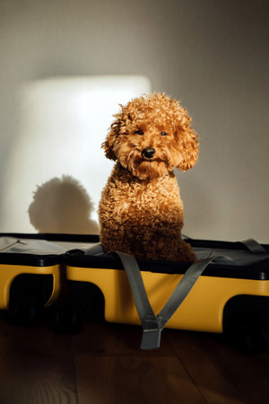 Red little poodle sitting in a yellow suitcase. Packing things on a journey to the bag with pets. Dogs in bag. Front viewの写真素材