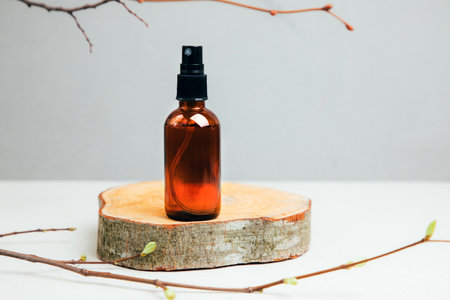 Natural cosmetics. Amber spray bottle with facial, bath liquid on a concrete background with young twigs of a tree. Front viewの写真素材