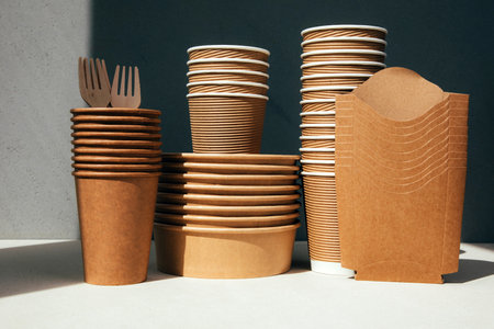 A set of paper utensils and wooden cutlery on a gray background. Eco friendly, zero waste concept. Front viewの写真素材
