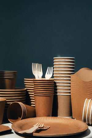 A set of paper utensils and wooden cutlery on a gray background. Eco friendly, zero waste concept. Front viewの写真素材