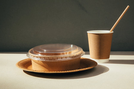 A set of paper utensils and wooden cutlery on a concrete background. Eco friendly, zero waste...