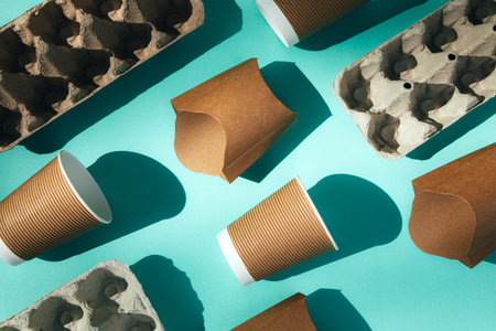 A paper utensils, cups and cardboard eggs containers on a blue background. Eco friendly pattern,...