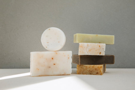 Handmade soap from natural ingredients, various herbs. Concept of sustainable use, bath products. Front viewの写真素材