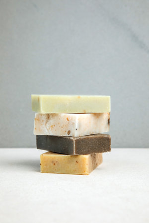 Handmade soap from natural ingredients, various herbs. Concept of sustainable use, bath products....