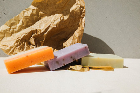 Handmade soap from natural ingredients, various herbs. Concept of sustainable use, bath products. Front viewの写真素材