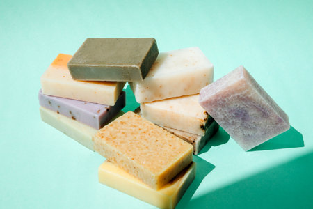 Handmade soap from natural ingredients, various herbs. Concept of sustainable use, bath products on...