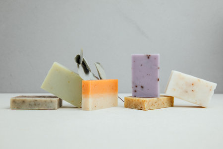 Handmade soap from natural ingredients, various herbs. Concept of sustainable use, bath products....