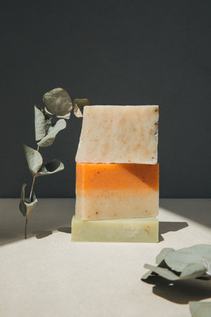 Handmade soap from natural ingredients, various herbs. Concept of sustainable use, bath products. Front viewの写真素材