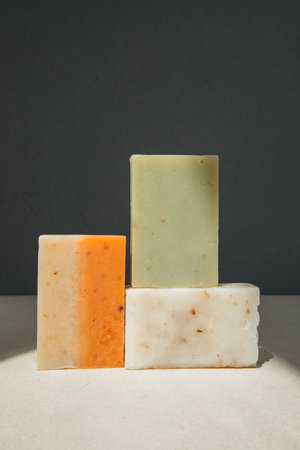 Handmade soap from natural ingredients, various herbs. Concept of sustainable use, bath products....