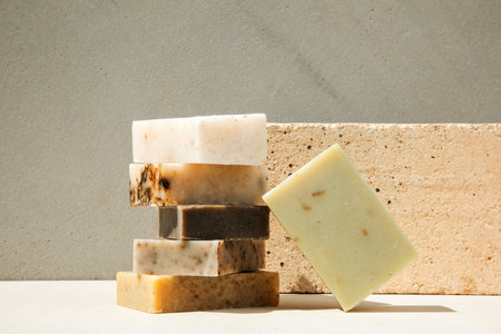 Handmade soap from natural ingredients, various herbs. Concept of sustainable use, bath products. Front viewの写真素材