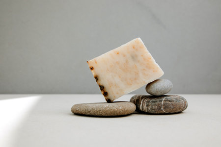 Handmade soap from natural ingredients, various herbs. Concept of sustainable use, bath products with stones. Front viewの写真素材
