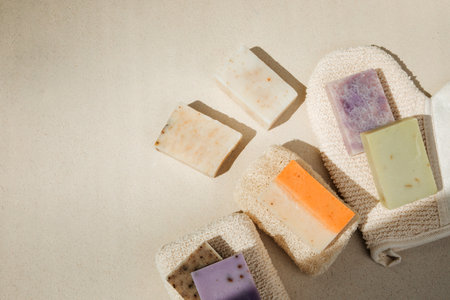 Handmade soap from natural ingredients, various herbs with natural washcloth. Concept of sustainable...