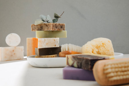 Handmade soap from natural ingredients, various herbs. Concept of sustainable use, bath products. Front viewの写真素材