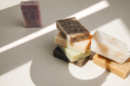 Handmade soap from natural ingredients, various herbs. Concept of sustainable use, bath products....