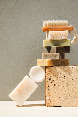 Handmade soap from natural ingredients, various herbs. Concept of sustainable use, bath products. Front viewの写真素材