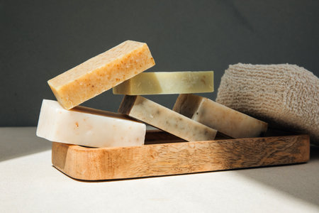 Handmade soap from natural ingredients, various herbs. Concept of sustainable use, bath products. Front viewの写真素材