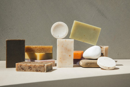 Handmade soap from natural ingredients, various herbs. Concept of sustainable use, bath products. Front viewの写真素材