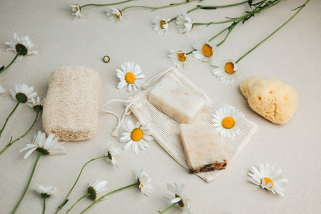 Handmade soap from natural ingredients, various herbs, chamomile. Concept of sustainable use, bath products. Top viewの写真素材