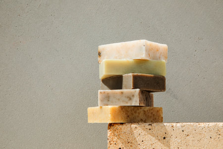 Handmade soap from natural ingredients, various herbs. Concept of sustainable use, bath products. Front viewの写真素材