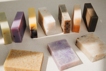 Handmade soap from natural ingredients, various herbs. Concept of sustainable use, bath products. Top viewの写真素材