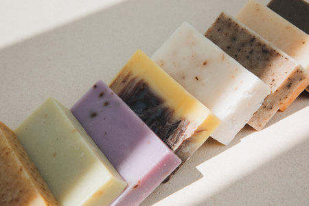 Handmade soap from natural ingredients, various herbs. Concept of sustainable use, bath products....