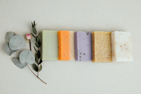 Handmade soap from natural ingredients, various herbs. Concept of sustainable use, bath products. Top viewの写真素材