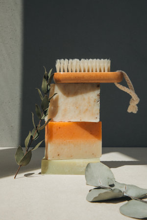 Handmade soap from natural ingredients, various herbs. Concept of sustainable use, bath products. Front viewの写真素材