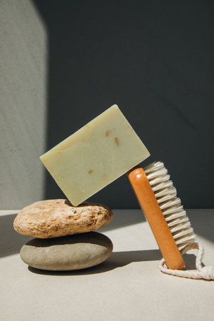 Handmade soap from natural ingredients, various herbs, soap with aloe. Concept of sustainable use, bath products with stones. Front viewの写真素材
