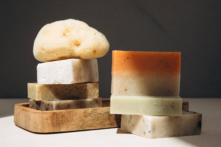 Handmade soap from natural ingredients, various herbs. Concept of sustainable use, bath products. Front viewの写真素材