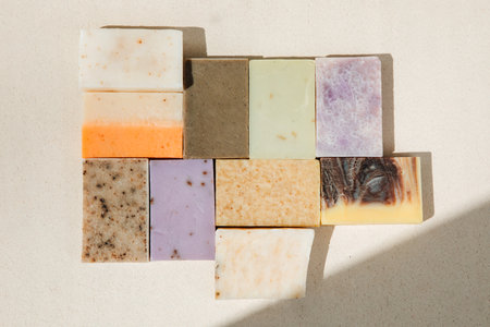 Handmade soap from natural ingredients, various herbs. Concept of sustainable use, bath products. Top viewの写真素材
