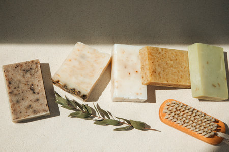 Handmade soap from natural ingredients, various herbs. Concept of sustainable use, bath products. Top viewの写真素材