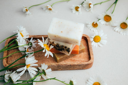 Handmade soap from natural ingredients, various herbs, chamomile. Concept of sustainable use, bath products. Top viewの写真素材