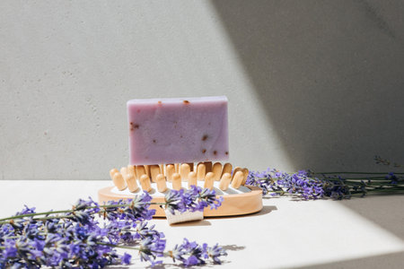 Handmade soap from natural ingredients, lavender flowers. Concept of sustainable use, bath products. Front viewの写真素材
