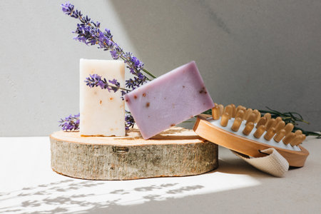 Handmade soap from natural ingredients, lavender flowers. Concept of sustainable use, bath products. Front viewの写真素材