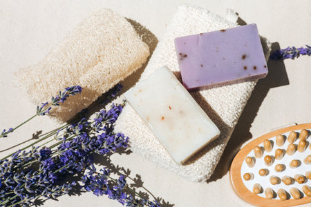 Handmade soap from natural ingredients, lavender flowers. Concept of sustainable use, bath products....