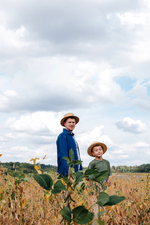 Agronomist, father and son together in agriculture field with soybeans. The man shows the boy ripe...