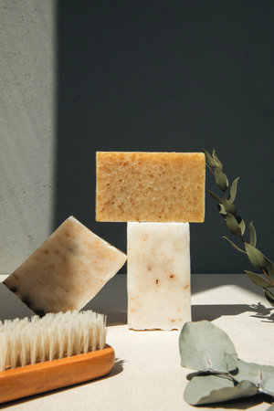 Handmade soap from natural ingredients, various herbs. Concept of sustainable use, bath products....