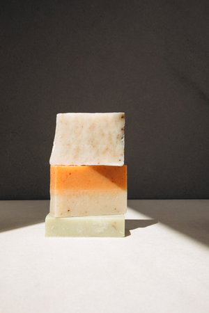 Handmade soap from natural ingredients, various herbs. Concept of sustainable use, bath products....
