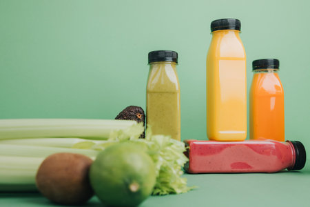 Fruit and vegetable smoothies in transparent plastic bottles. Green, red, orange smoothies on a green background. The concept of healthy eating. Front viewの写真素材