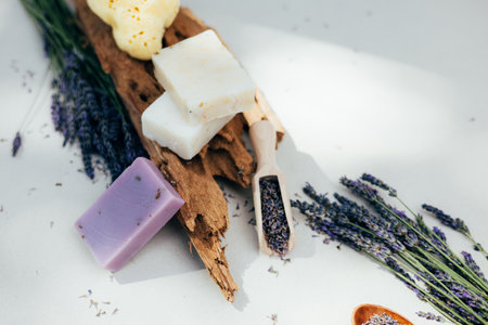 Handmade soap from natural ingredients, lavender flowers. Concept of sustainable use, bath products. Top viewの写真素材