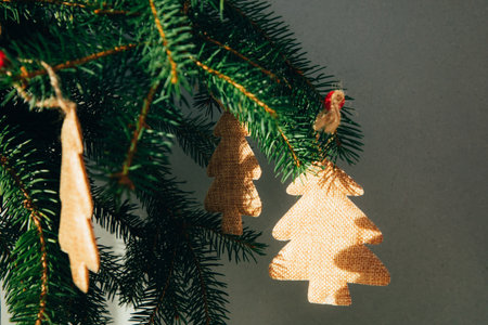 New Year, Christmas background. New Years decor on a grey background with branches of a green...